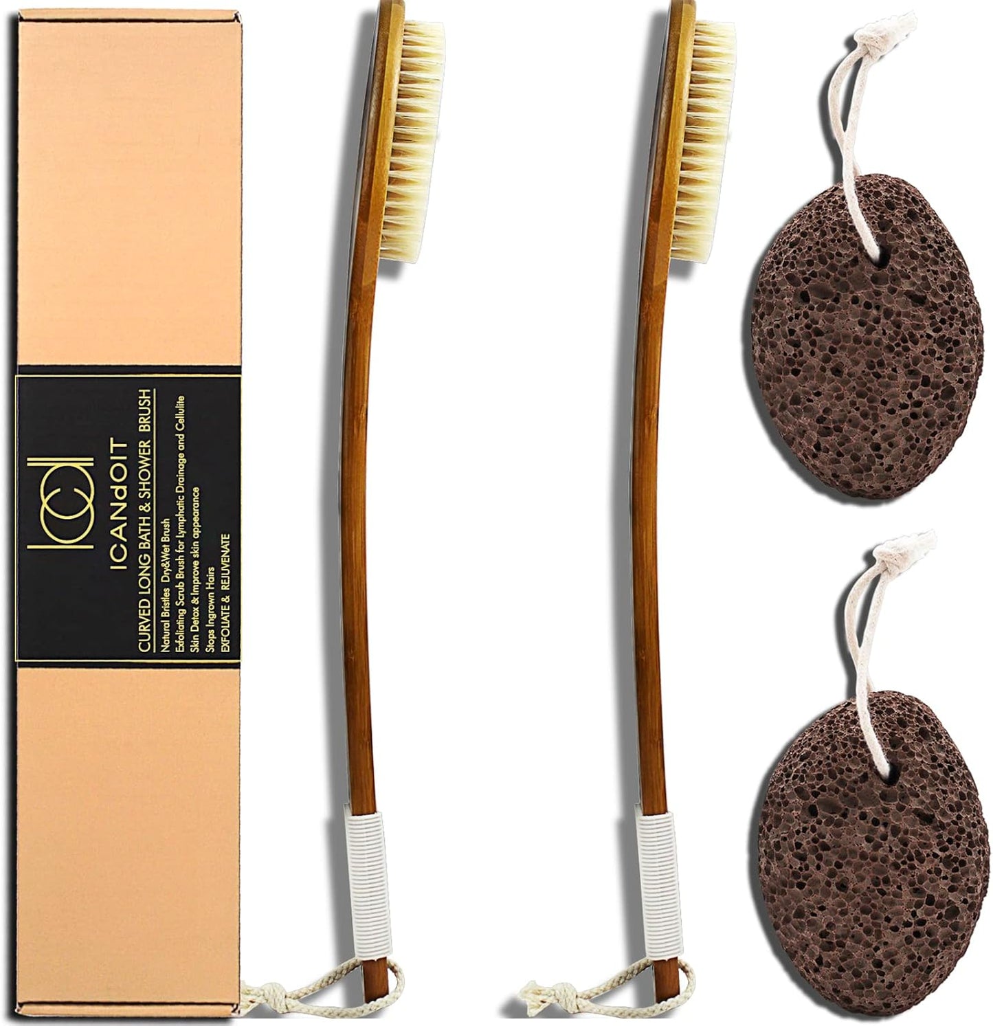 ICANdOIT-17.71Inch Natural Boar Bristles Anti-Slip Long Handle Bath Brush,Bent Handle Shower Scrubber for Exfoliating,Shower Back Brush,Exfoliation Set with Pumice Stone(2 Pack)