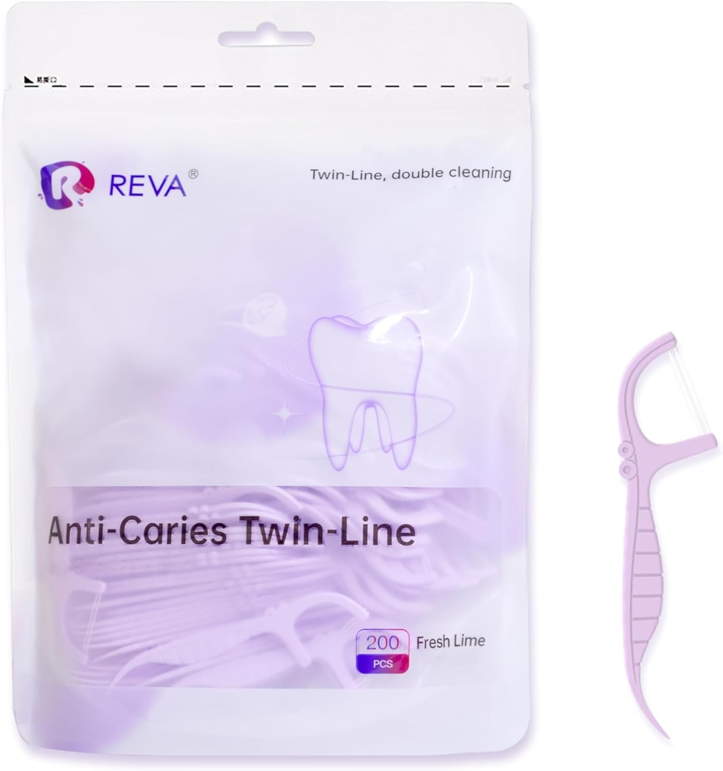 Reva Anti-Caries Twin-Line Dental Floss Picks - 200 Count (Pack of 1), Fresh Lime Flavour Toothpicks, Teeth Cleaning Sticks