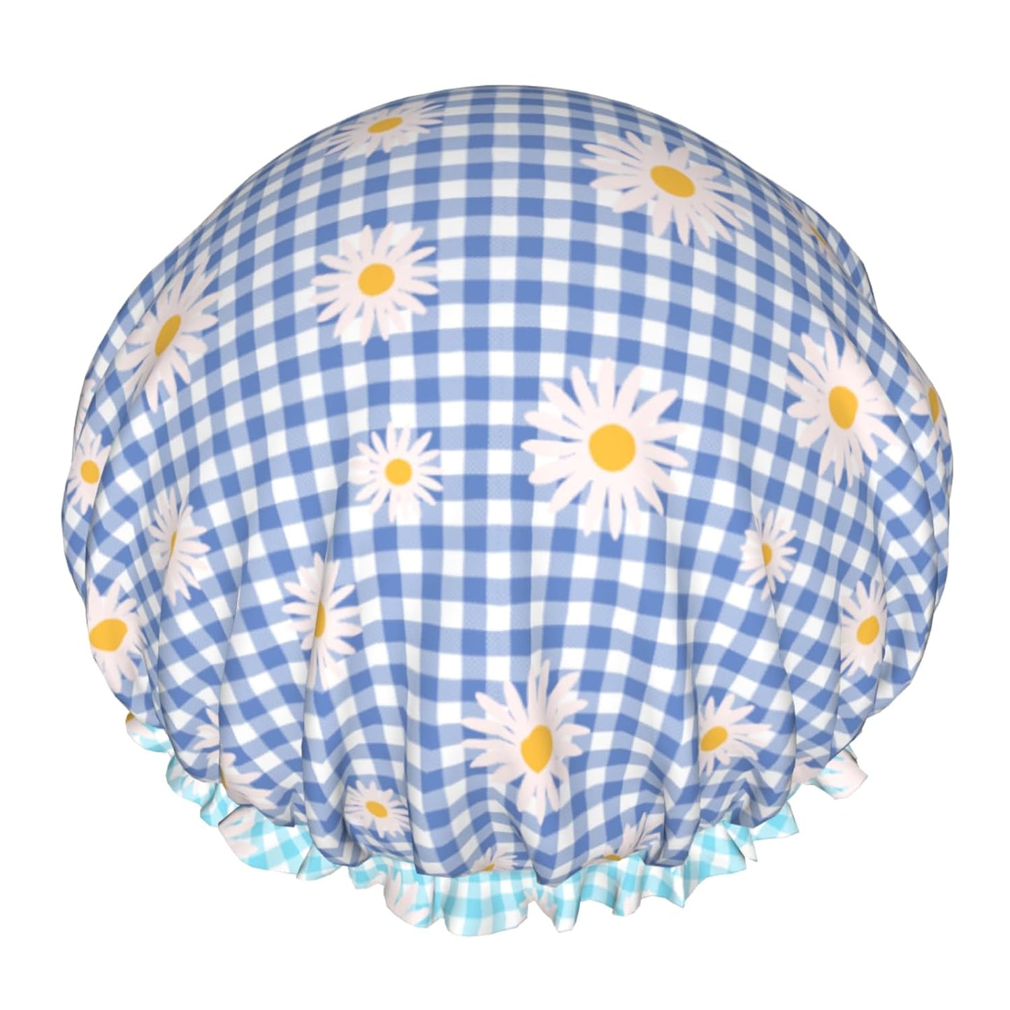 Blue Checkered Shower Caps for Women Daisy Flower Double Waterproof Layers Bath Hat Elastic Reusable Hair Cap for Shower Cooking Clean Makeup