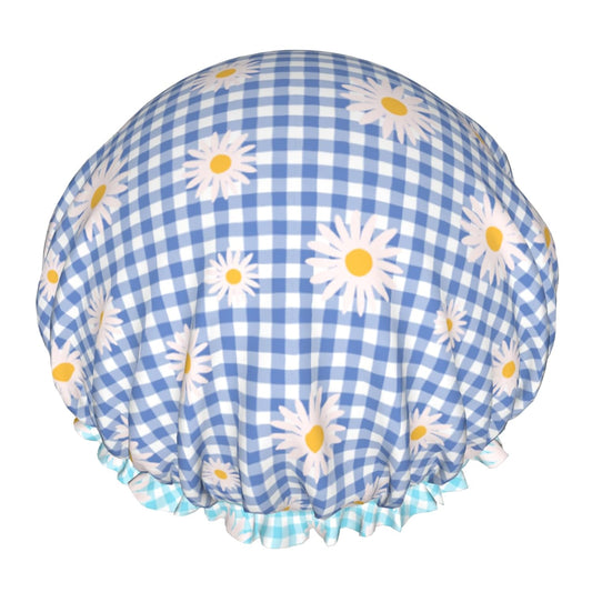 Blue Checkered Shower Caps for Women Daisy Flower Double Waterproof Layers Bath Hat Elastic Reusable Hair Cap for Shower Cooking Clean Makeup