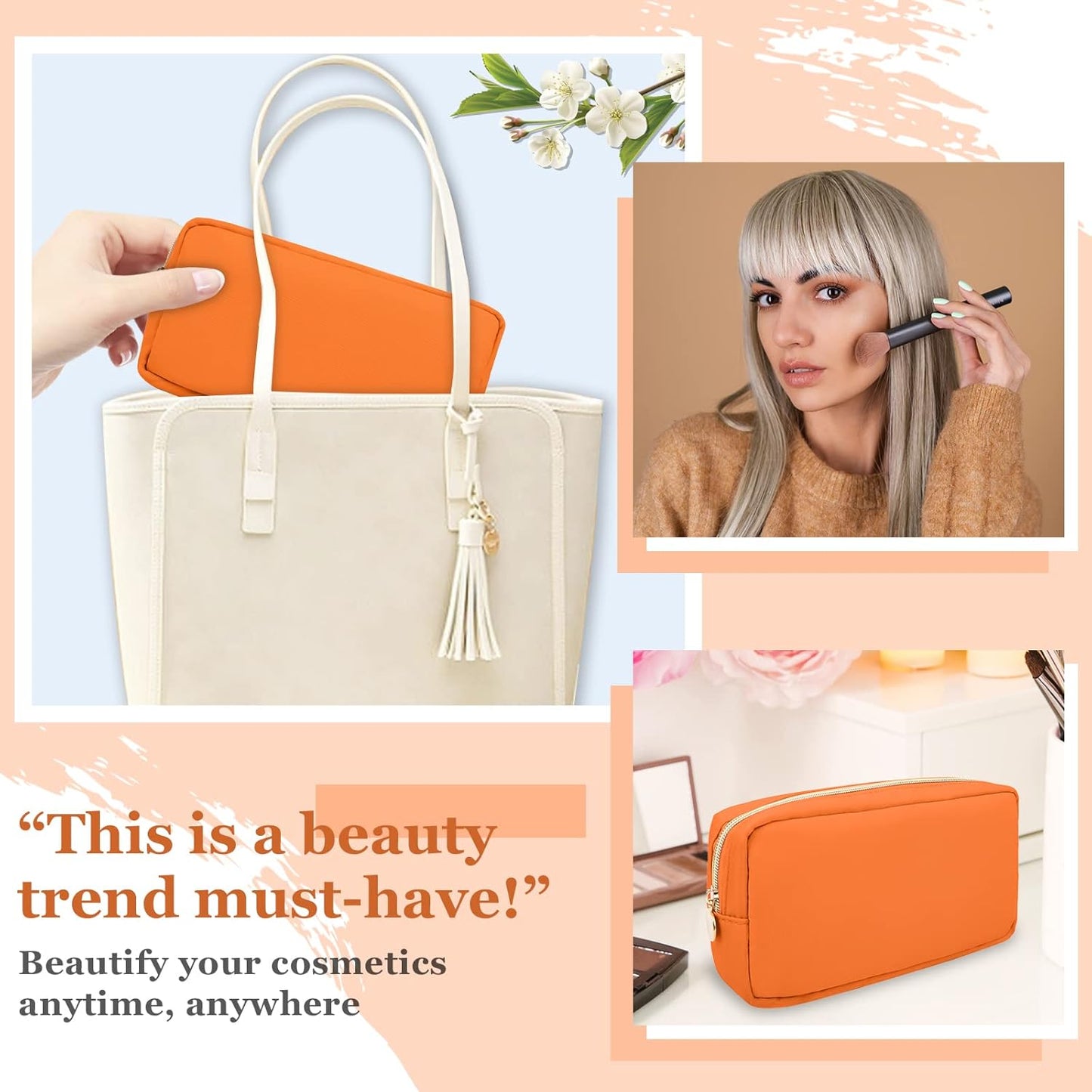 Nylon Small Makeup Bag for Purse, Cute Preppy Makeup Bag Cosmetic Zipper Pouch Purse, Waterproof Portable Travel Toiletry Bag Clutch Makeup Brush Bag Organizer Storage for Women Men Girls(Orange)