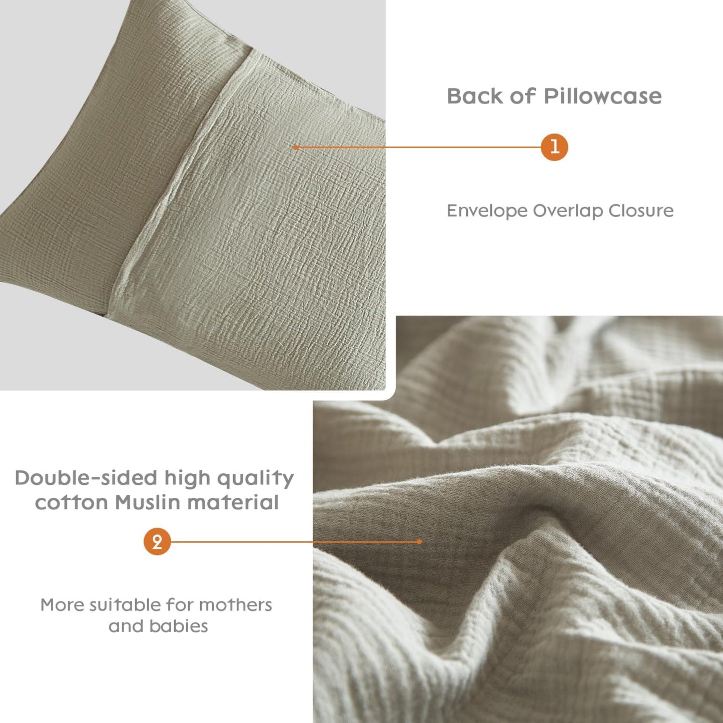 SE SOFTEXLY Muslin Pillowcases Queen Size 100% Cotton, 2 Pack Linen Like Pillow Shams with Envelope Closure, Ultral Soft and Breathable Pillow Case Covers, Smoky-Green, 20" X 30", No Filling