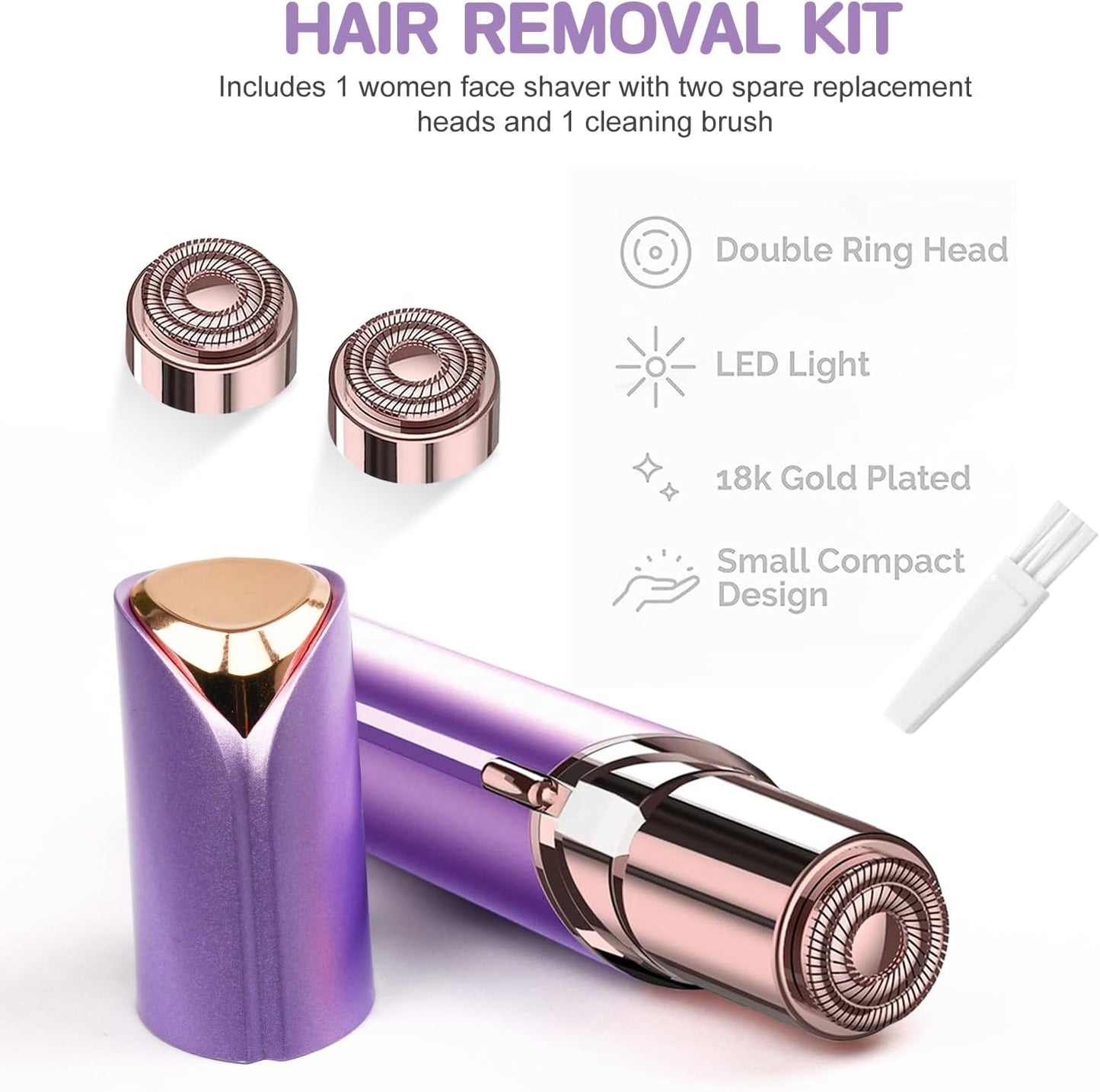 Women Facial Hair Removal Device Battery Operated with 2 Replacement Heads, Painless Womens Face Shaver for Chin Upper Lips Peach Fuzz