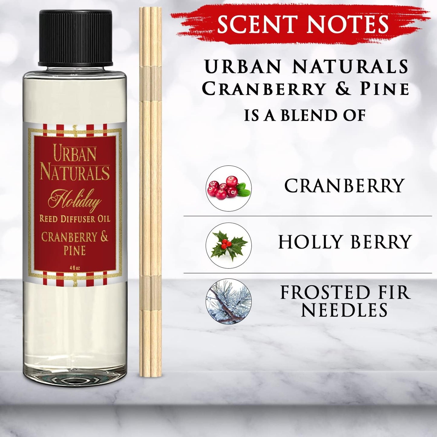 Urban Naturals Holiday Cranberry & Pine Scented Oil Reed Diffuser Refill | Cranberry, Holly Berries and Frosted Fir Needles | Includes a Free Set of Reed Sticks! 4 oz.