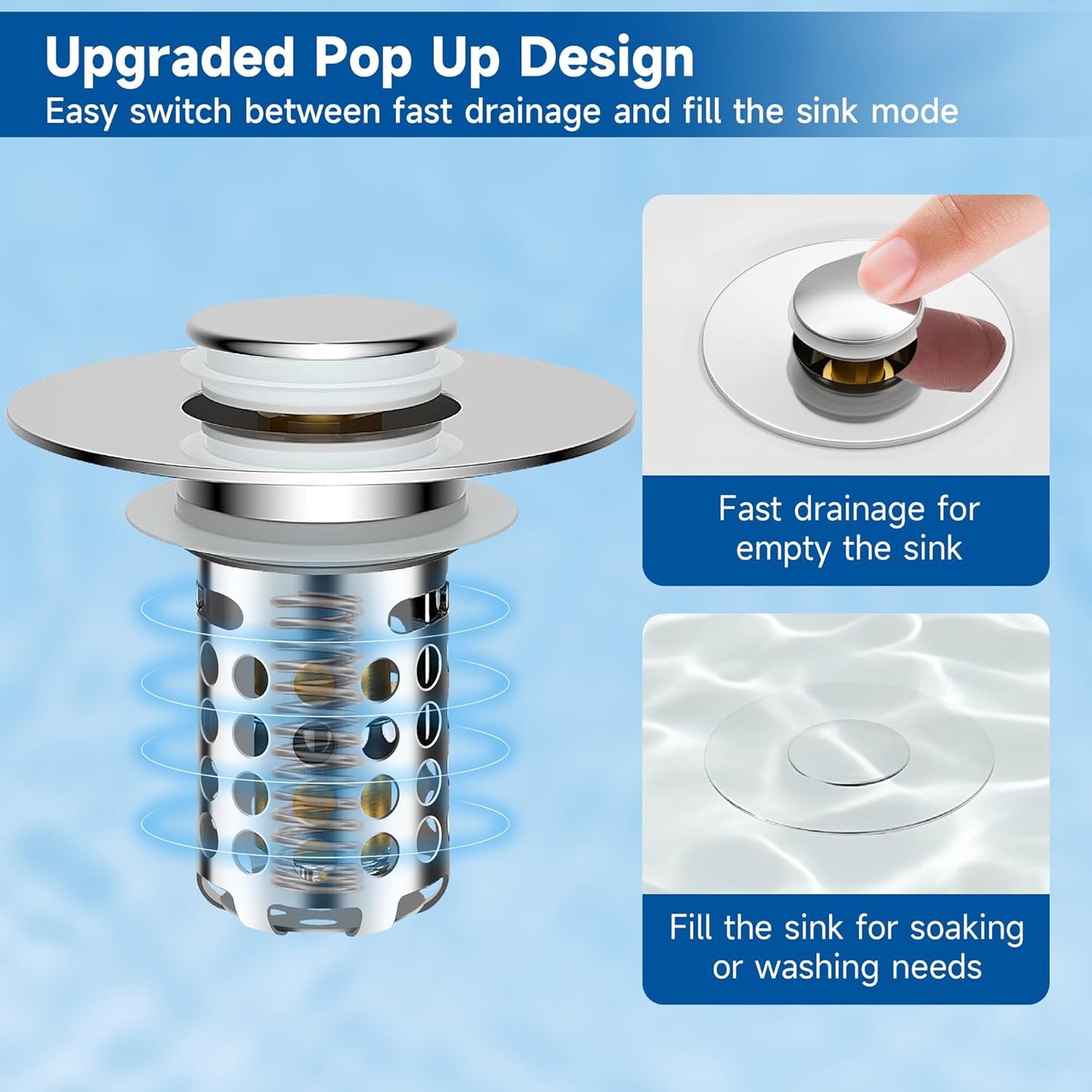 Bathroom Sink Stopper with Pop Up Design, Universal Sink Drain Strainer with Removable Stainless Steel Basket, Brass Core, Chrome, Anti-Clog Sink Drain Stopper for Hair & Debris, Fits 1.1-2.36" Basin