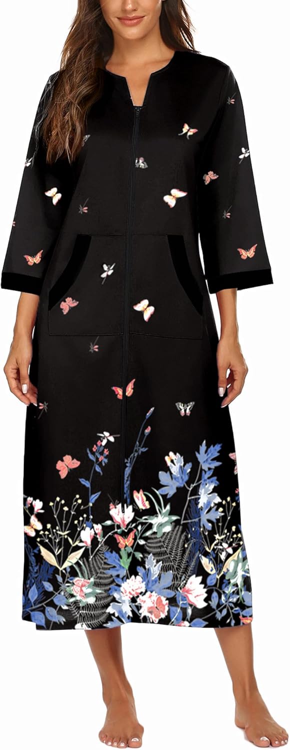 Ekouaer Women Zipper Robe 3/4 Sleeves Loungewear Dress Full Length Sleepwear Pockets Housecoat Nightgown Long Bathrobe
