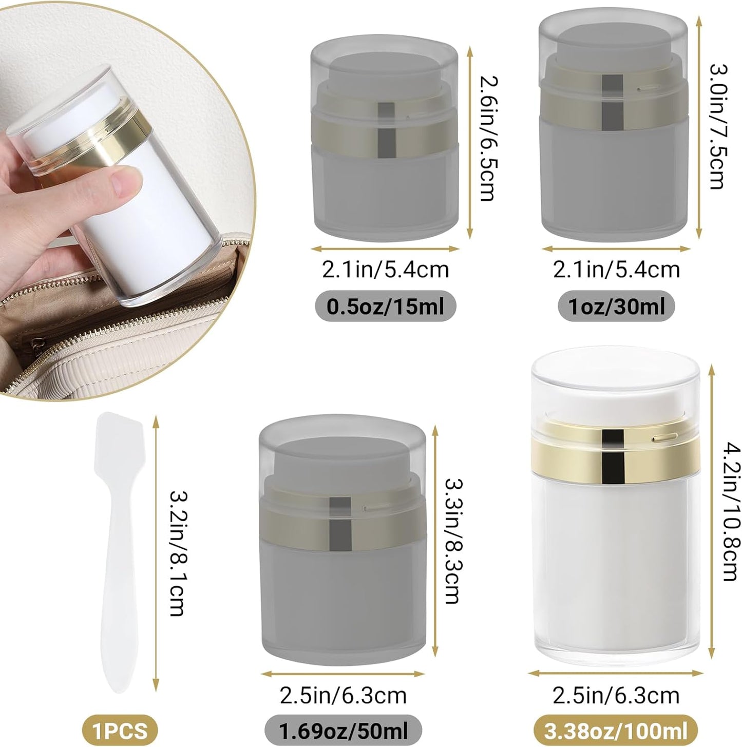 Segbeauty 3.38oz Airless Pump Jar, 4pcs 100ml Empty Makeup Containers Vacuum Bottle Dispenser, Refillable Travel Jars for Creams Moisturizer Container Travel Size for Lotion Moisturizer