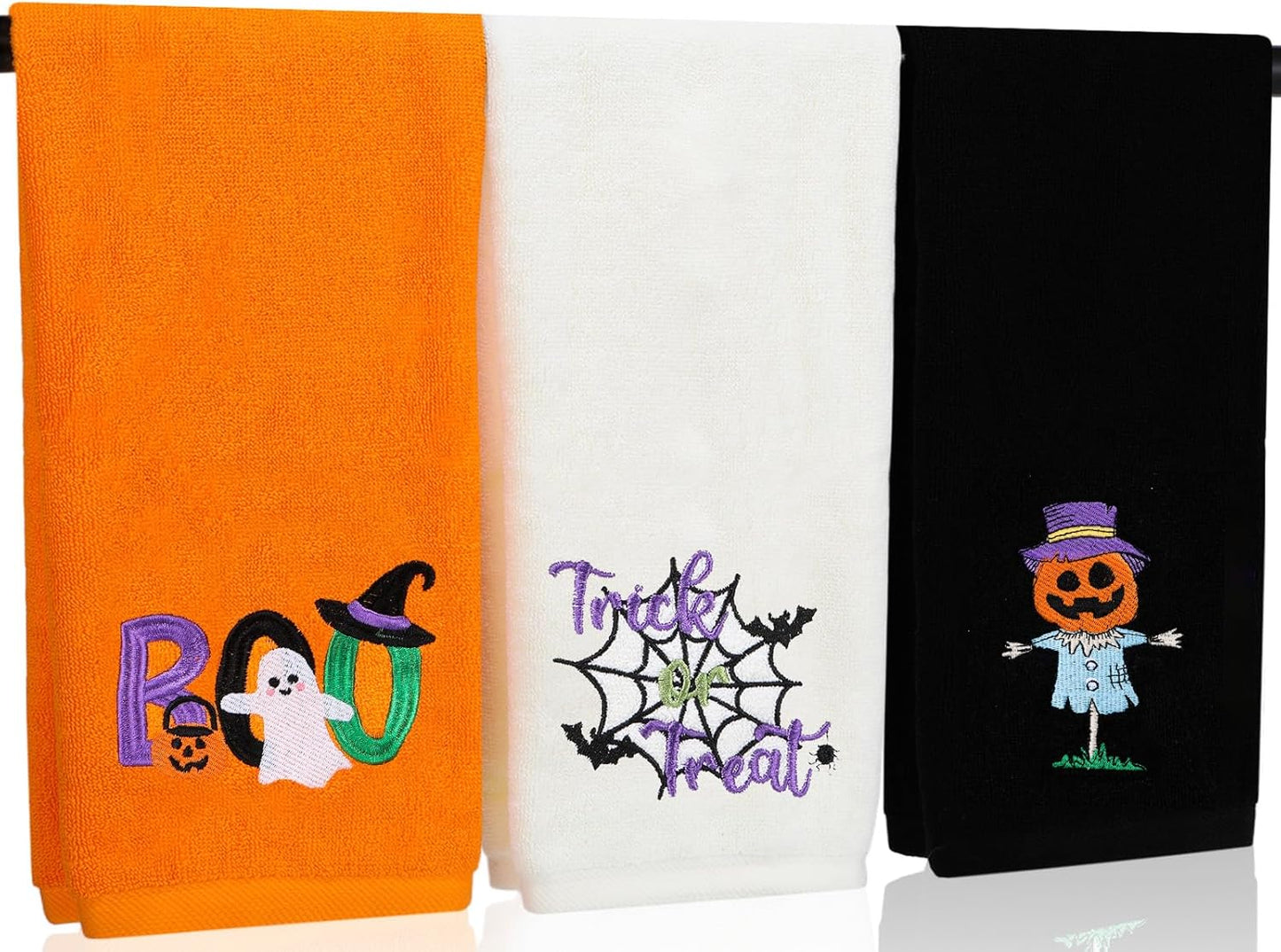 Halloween Hand Towels 3 Pack, Cotton Orange Black Beige Ghost Embroidered Decorative Towels for Bathroom & Kitchen Holiday Décor, 13.7 in × 29.5 in