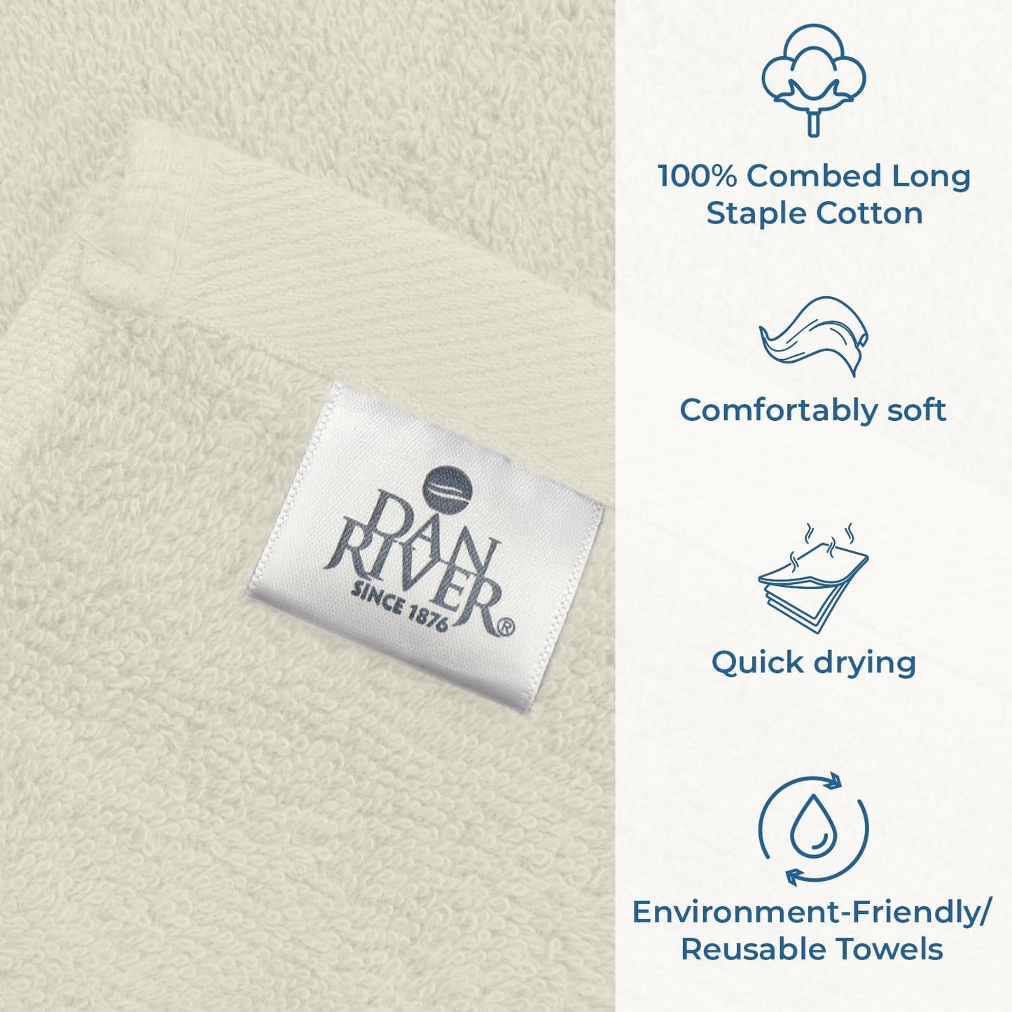 DAN RIVER Bath Towels Set of 4, 27 x 54 Inches, 100% Cotton, Larger & Lighter Weight, Quicker to Dry, Super Soft and Absorbent, Ideal Quick Dry Bath Towels for Daily Use, Ivory