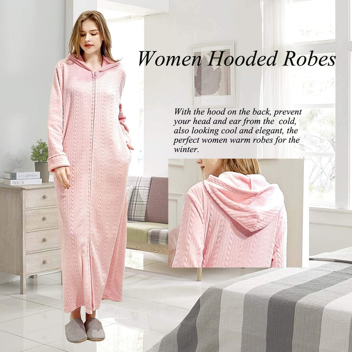 Hellomamma Long Hooded Zipper Bathrobe for Womens Flannel Fleece Robes Winter Warm Housecoat Nightgown Sleepwear Pajamas