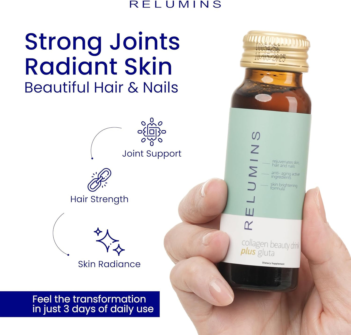 Relumins Advanced Collagen Beauty Drink with Glutathione, Hyaluronic Acid & Antioxidants - Post-Summer Skin Recovery & Made in USA - Apple Flavor - 20 Bottles x 50mL