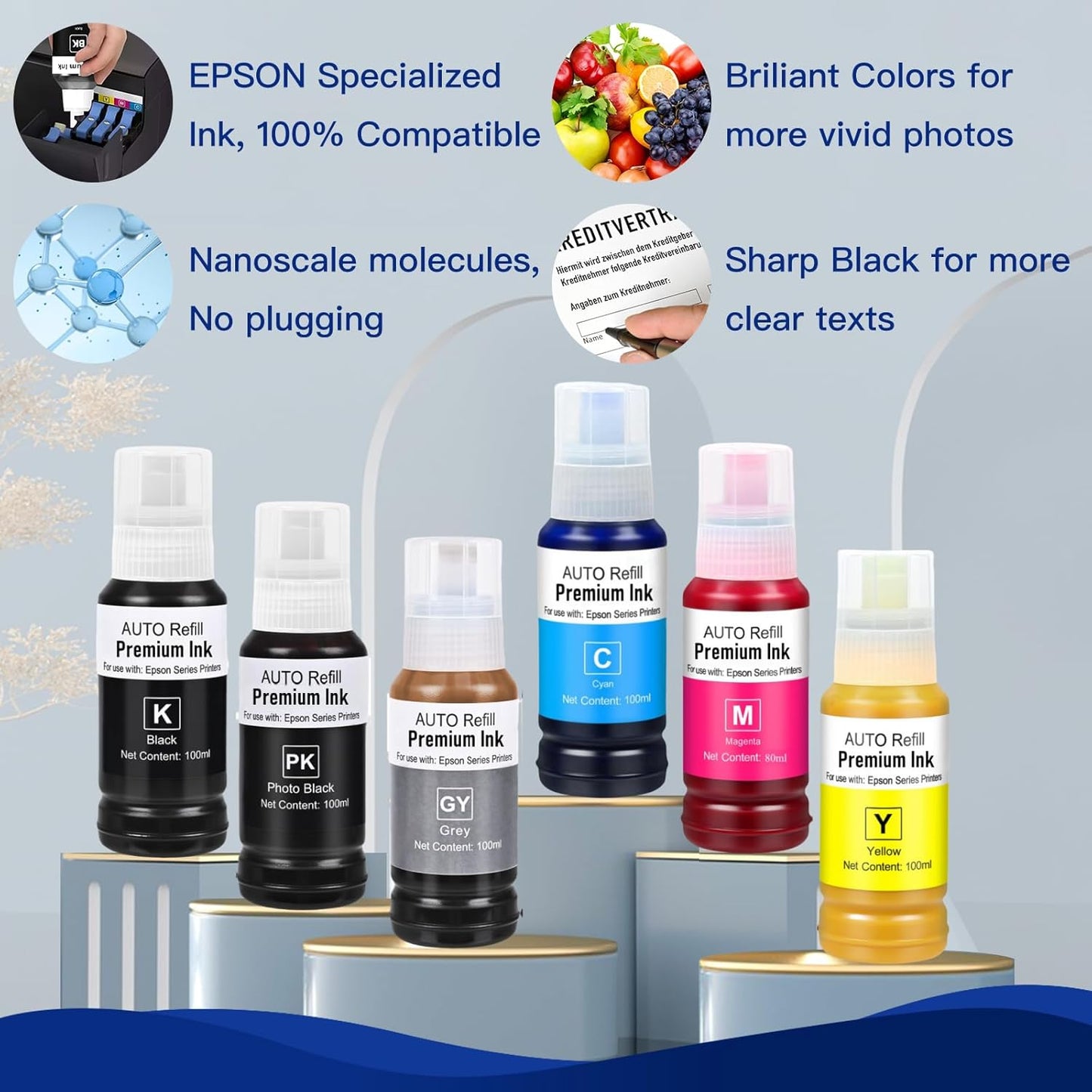 552 Ink Refill Bottles Use for EcoTank Photo ET-8550, EcoTank Photo ET-8500（BK PBK C M Y GY, 600ml）