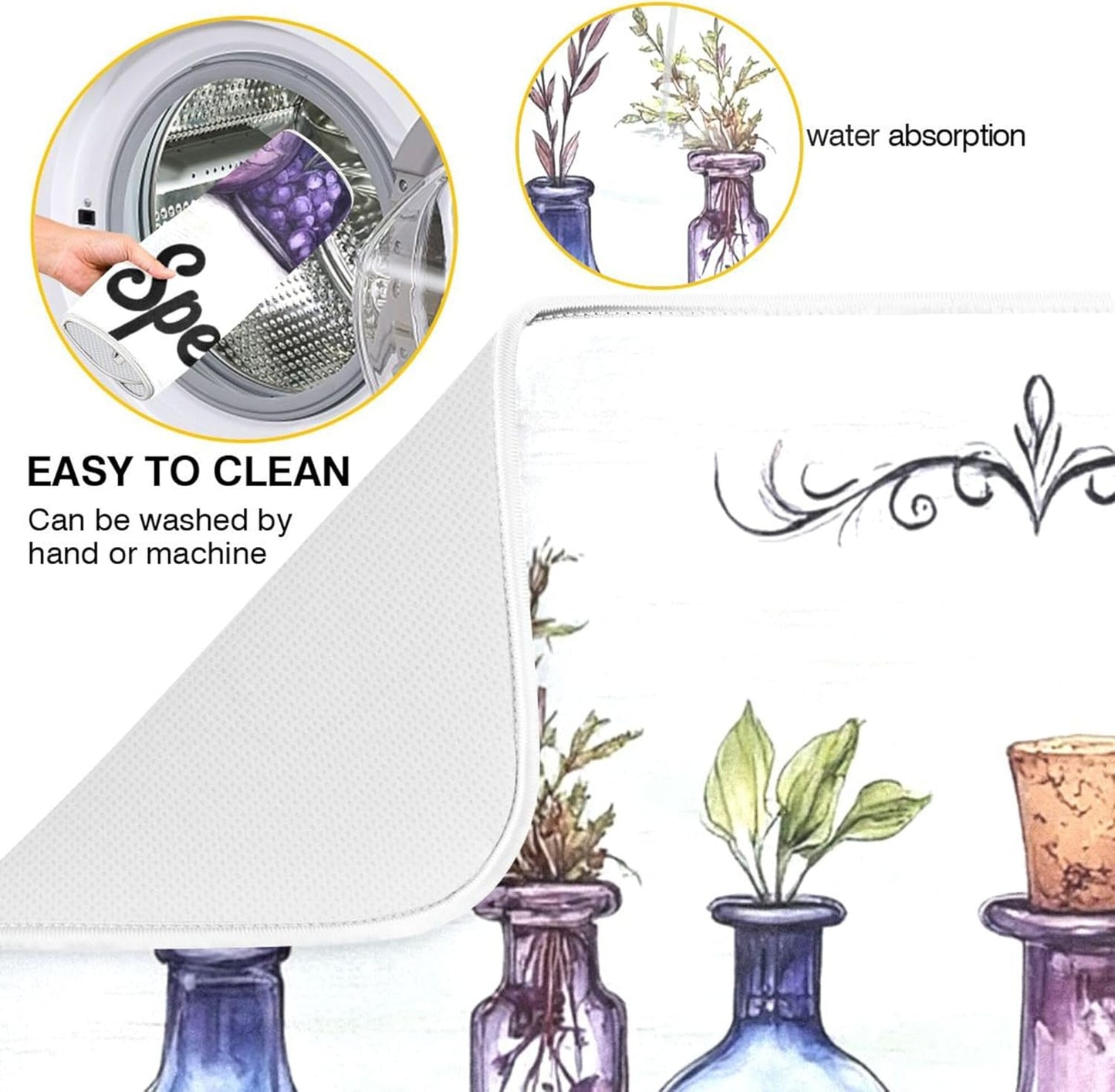 Halloween Potions Dish Drying Mat for Kitchen Countertop 16x18 Witch Herbs Purple Spooky Small Drying Mat Reusable Quick Dry Dish Sink Mats Easy Clean Decorative Essentials