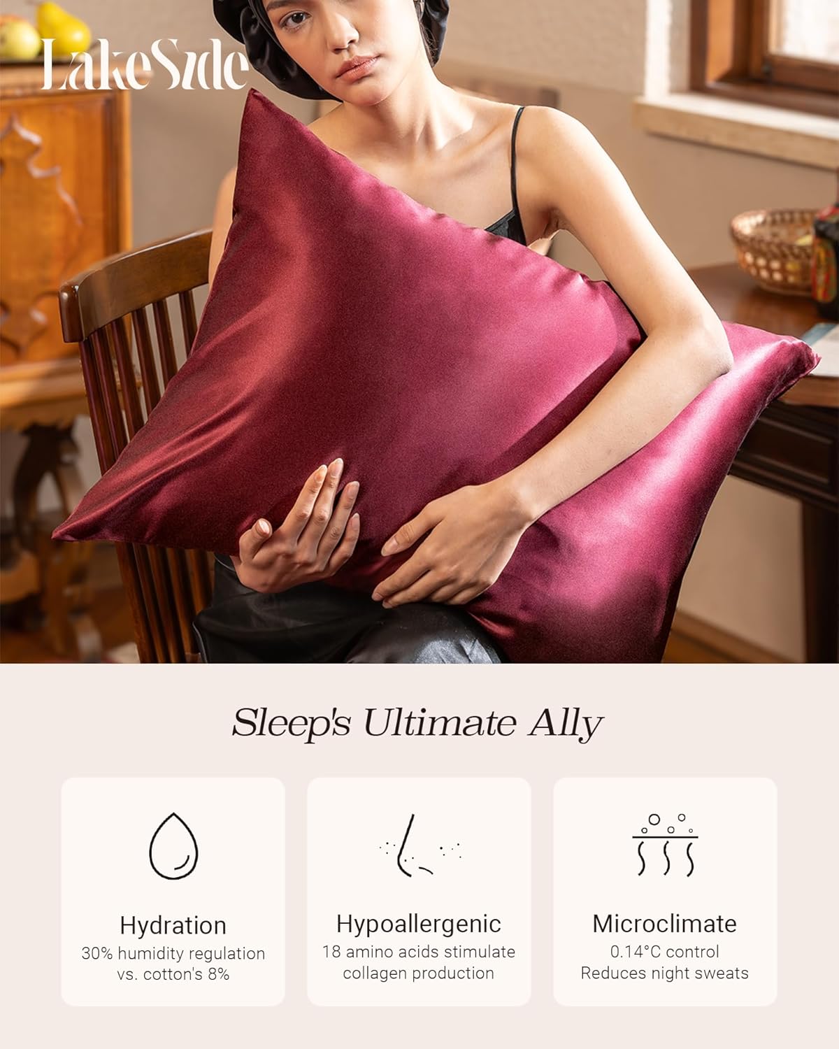 Oriental Lakeside® 100% Pure 22 Momme Mulberry Silk Pillowcase with Hidden Zipper - Nighttime Skincare & Hair Care Hydrating Pillow Cover