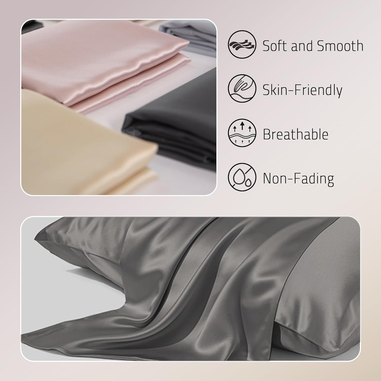 Mulberry Silk Pillow Cases Set of 2, Both Sides Real Silk Pillowcase for Hair and Skin Prevent Acne Pillowcase Organic Silk Pillow case 2 Pack with Hidden Zipper, Grey, Standard (20"×26")