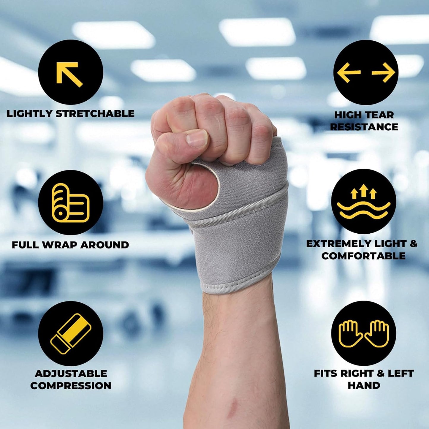 NeoTech Care Wrist Band - Elastic & Breathable Fabric - Adjustable Compression Strap - Men, Women, Right or Left - Support Wrap for Protection or Sports (Gray Color, Size S, 1 Unit)