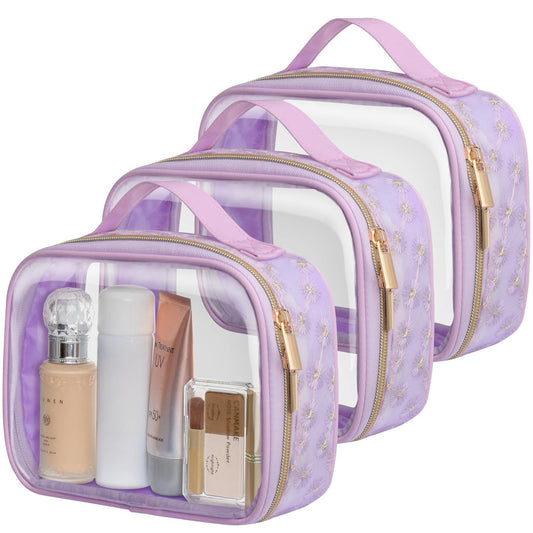 PACKISM Floral Texture TSA Approved Toiletry Bag - 180° Large Opening Clear Makeup Bags with Handle, Easily Access, Clear Travel Bags for Toiletries TSA Approved, Thick 0.5 mm, Purple