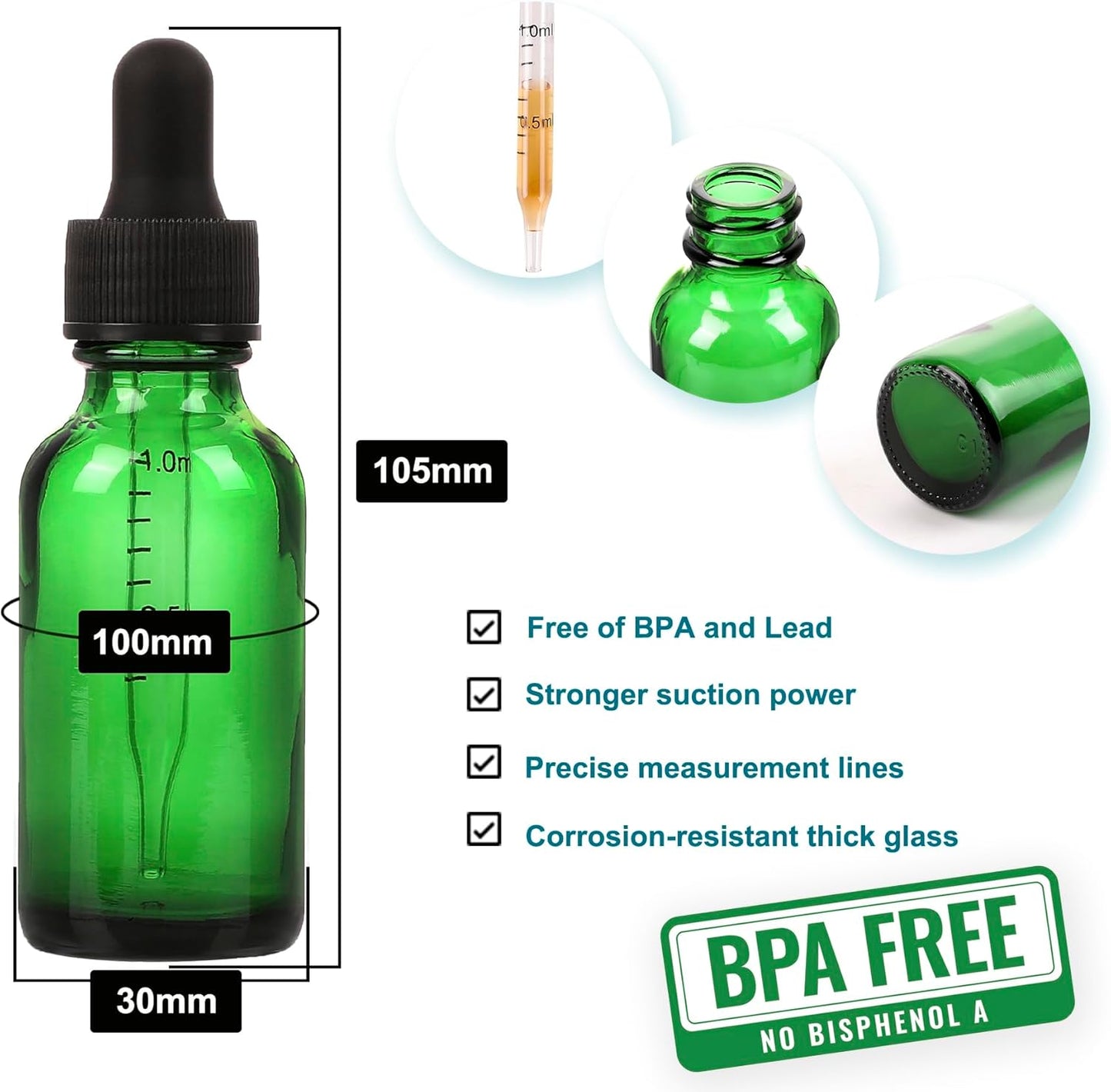 24 Pack,1oz Glass Dropper Bottle,Green Tincture Bottles with Dropper,Pretty Finish for All Kinds of Liquids,Oil Bottles for Hair- Stronger Suction ideal for Leakproof Travel