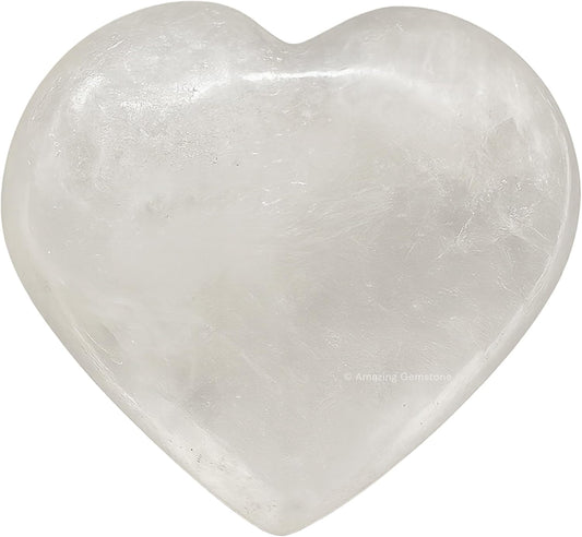 Amazing Gemstone Clear Quartz Crystal Heart Palm Stone - Pocket Massage Worry Stone for Natural Body Chakra Balancing, Reiki Healing and Crystal Grid