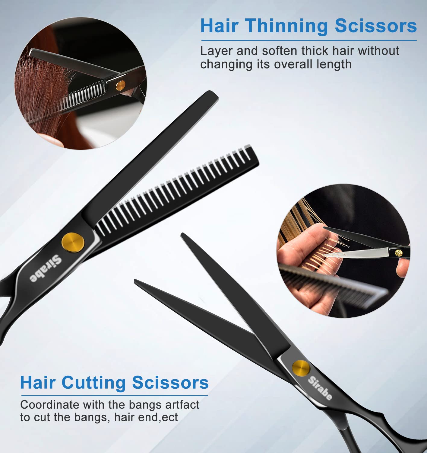 Sirabe 10 PCS Hair Cutting Scissors Set, Professional Haircut Scissors Kit with Cutting Scissors, Thinning Shears, Comb, Cape, Clips, Black Hairdressing Texturizing Shears Set for Barber, Salon, Home