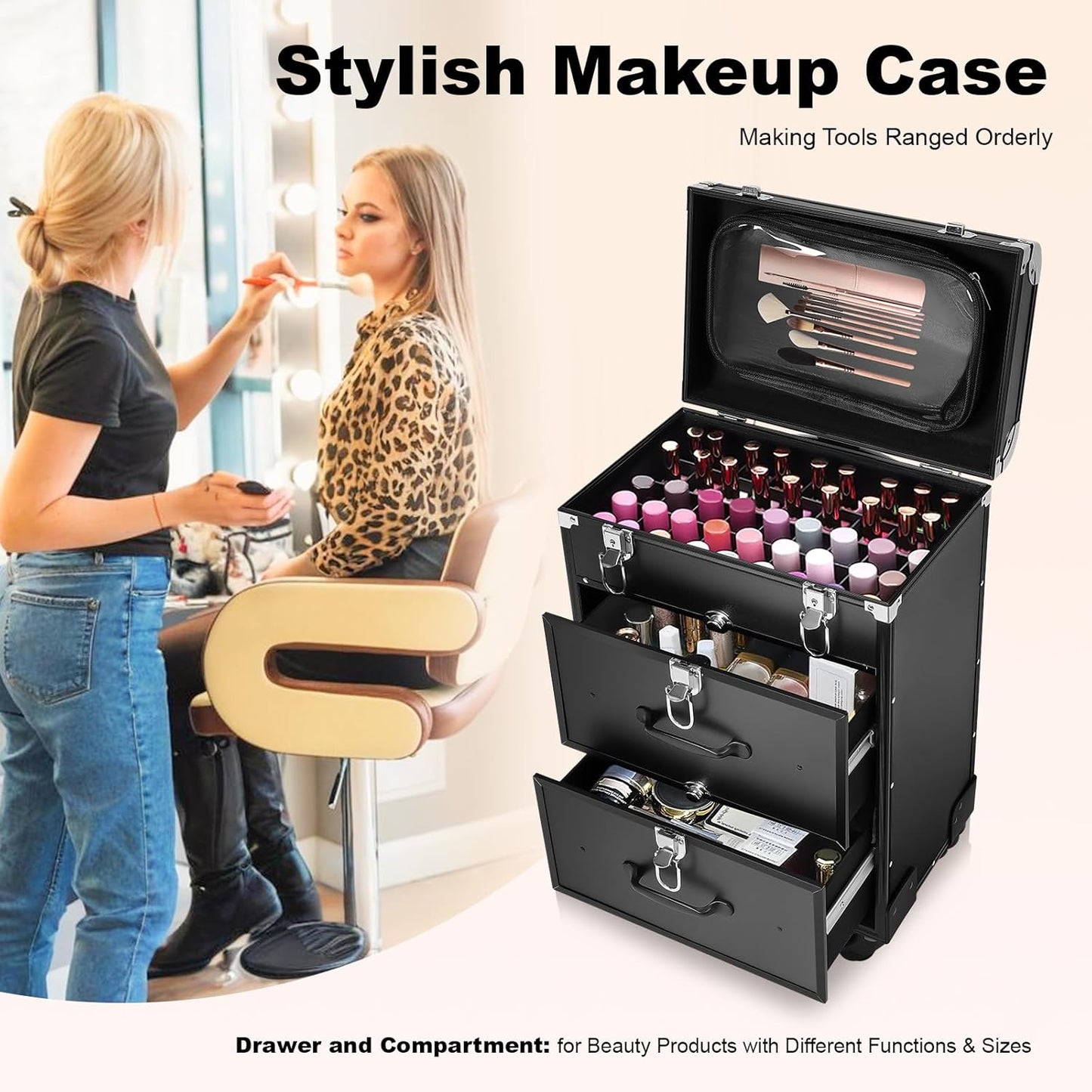 Lockable Makeup Train Case,110lbs Rolling Hairdressing Trolley,Beauty Salon Cosmetic Luggage with Universal Wheels for Hair Stylist,Make-up Artists,Hairdressers (Black 5)