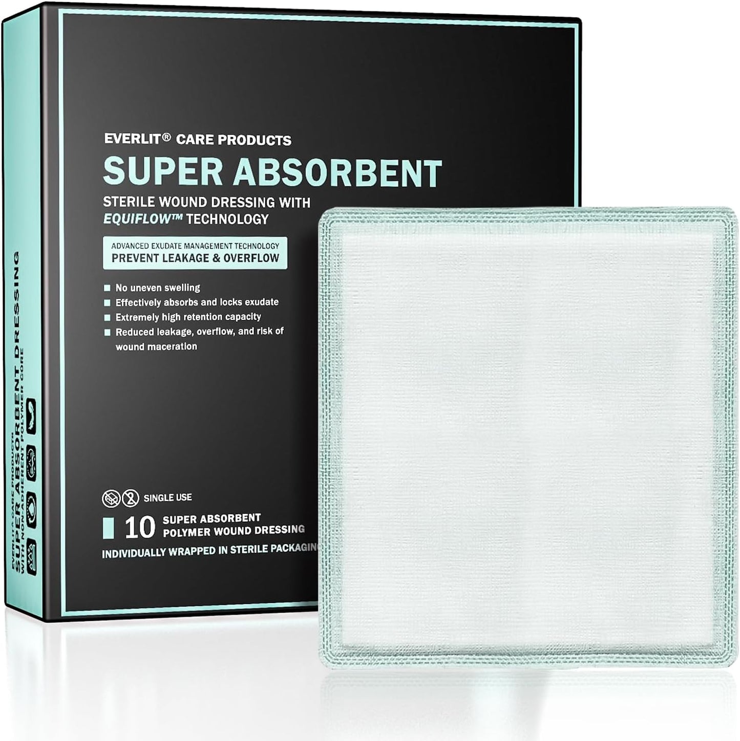EquiFlow Super Absorbent Dressing for Heavily Exuding Wound | Fast-Absorbing Non-Adhesive Polymer Dressing with Nonstick Gauze Pad | High Absorption & Retention | Pack of 10 (6" x 6")