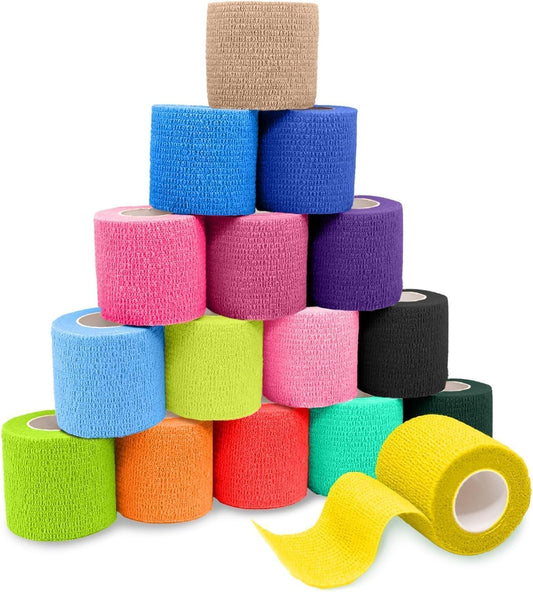 FriCARE Self Adhesive Bandage Wrap, Medical Tape in First Aid Kit, Cohesive Bandages for Wounds Sport Vet, 2 Inches X 5 Yards 16 Rolls, Vivid