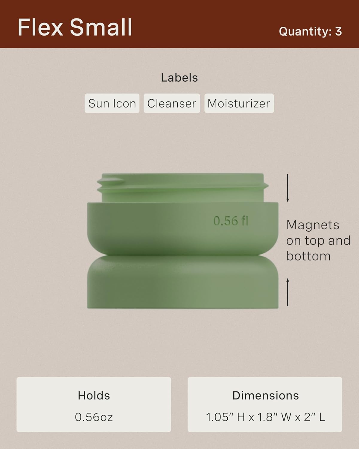 Cadence Travel Containers Basic Skincare Set - Magnetic Containers with Lids,Carry On Travel Essentials For Women/Men - 3 Small Capsules (0.56oz) - Cleanser, Moisturizer & Sun-Icon Labels - Sand