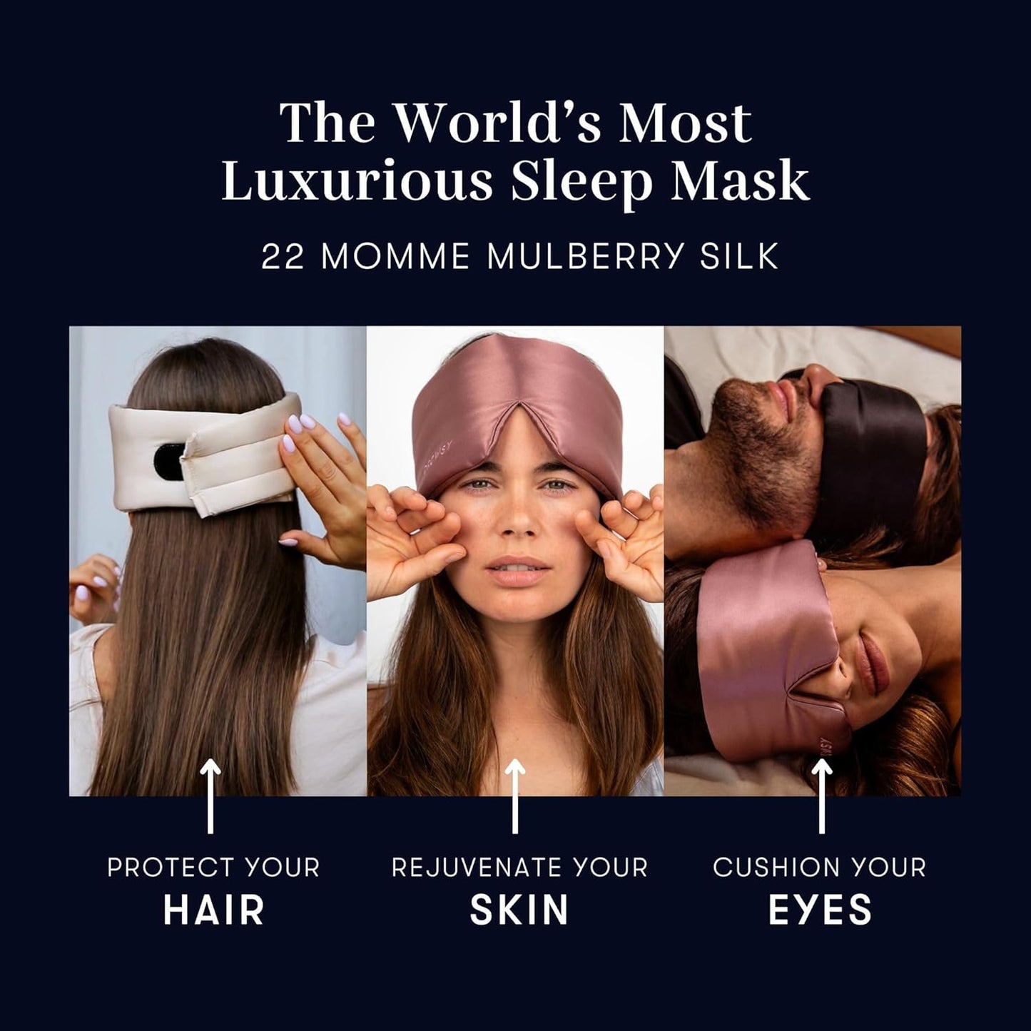 DROWSY Silk Sleep Mask - Face-Hugging, Padded Cocoon for Luxury Sleep in Total Darkness - 100% Pure Mulberry Silk, Skin-Hydrating & Adjustable (Midnight Blue)