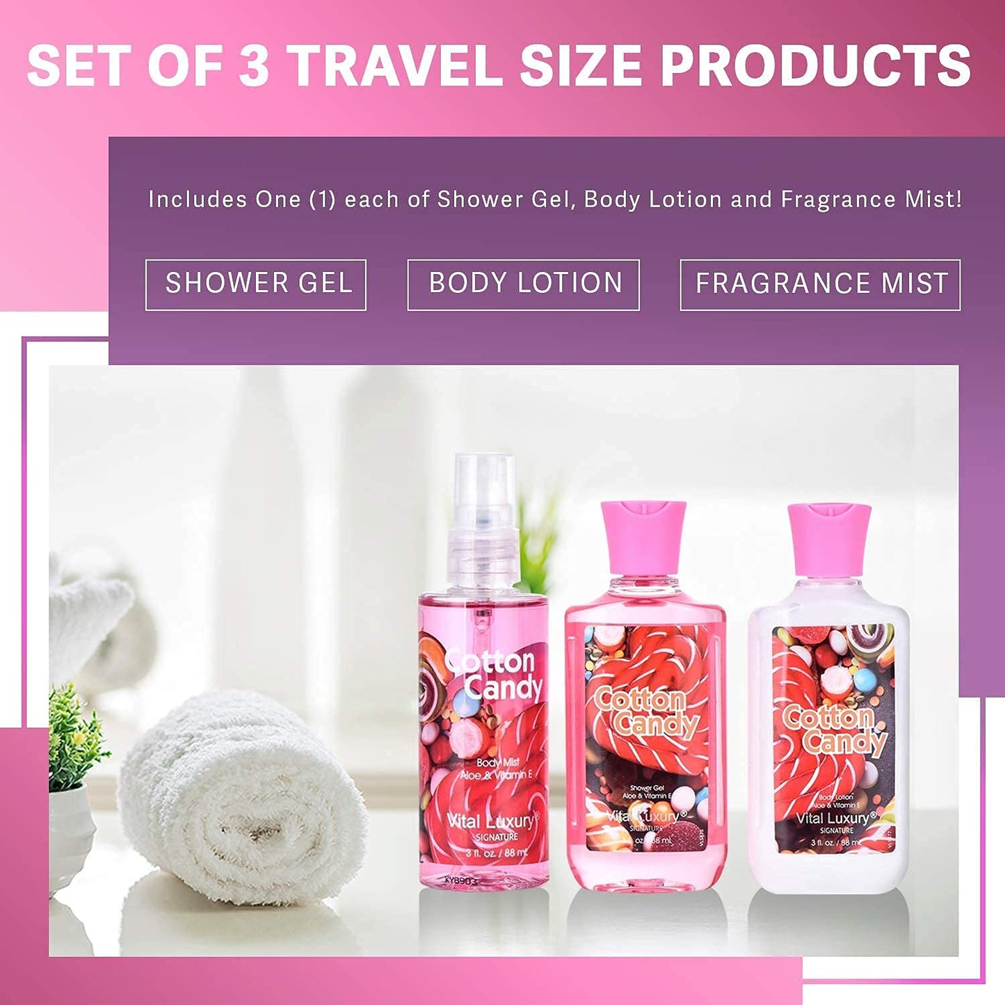 Bath & Body Travel Gift Set Cotton Candy Scented 3pcs Travel Size Shower Gel Body Lotion Fragrance Mist Christmas Birthday Gift TSA-Friendly for On-the-Go Self-Care