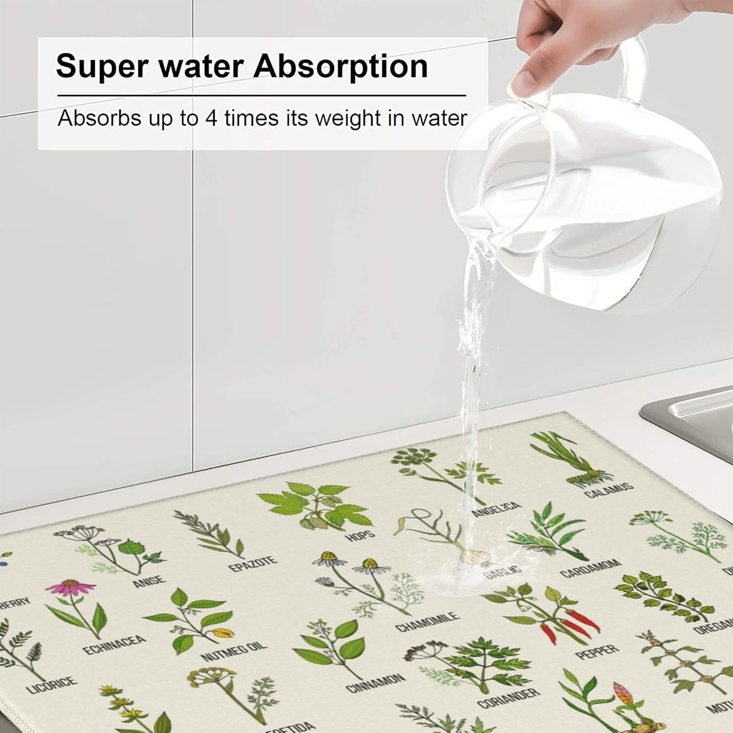 Cute Herbs Botanic Garden Plants Dish Drying Mat for Kitchen Counter Washable Absorbent Reversible Microfiber Drying Pad Kitchen Accessories 16"x18"