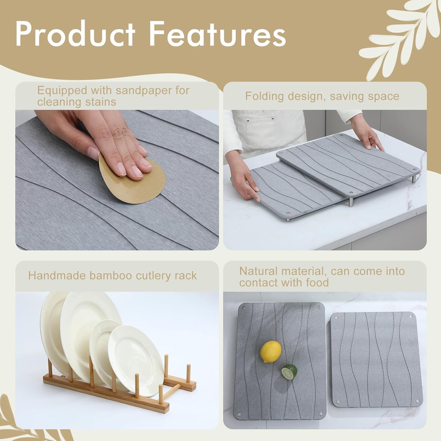 2 PCS Nesting Stone Drying Mat for Kitchen Counter,Equipped Dish Rack,Tableware Drying Mat Set,Diatomaceous Earth Material，Suitable for Plates,Cups and Any Kitchen Utensils (Grey)