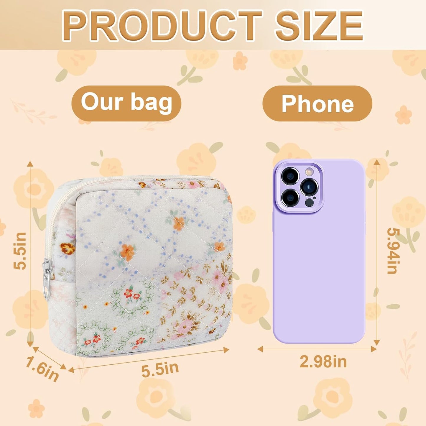 Small Quilted Cotton Makeup Bag for Purse Mini Cosmetic Period Bag for Women Cute Mixed Flower Makeup Sanitary Pouch Portable Travel Toiletry Bags with Zipper Slip in Pockets Birthday Gifts