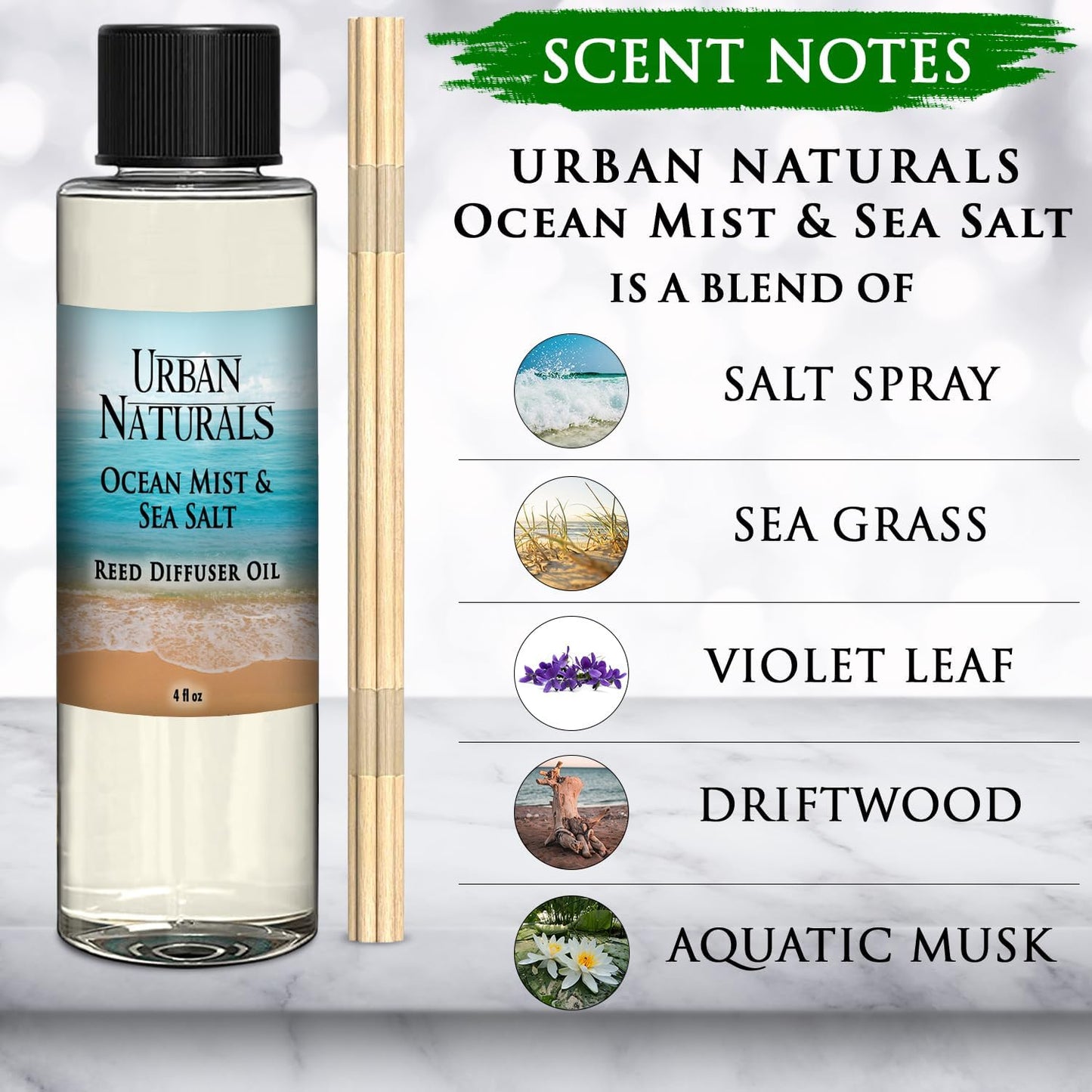 Urban Naturals Ocean Mist & Sea Salt Scented Oil Reed Diffuser Refill, 4 oz (2 Pack)
