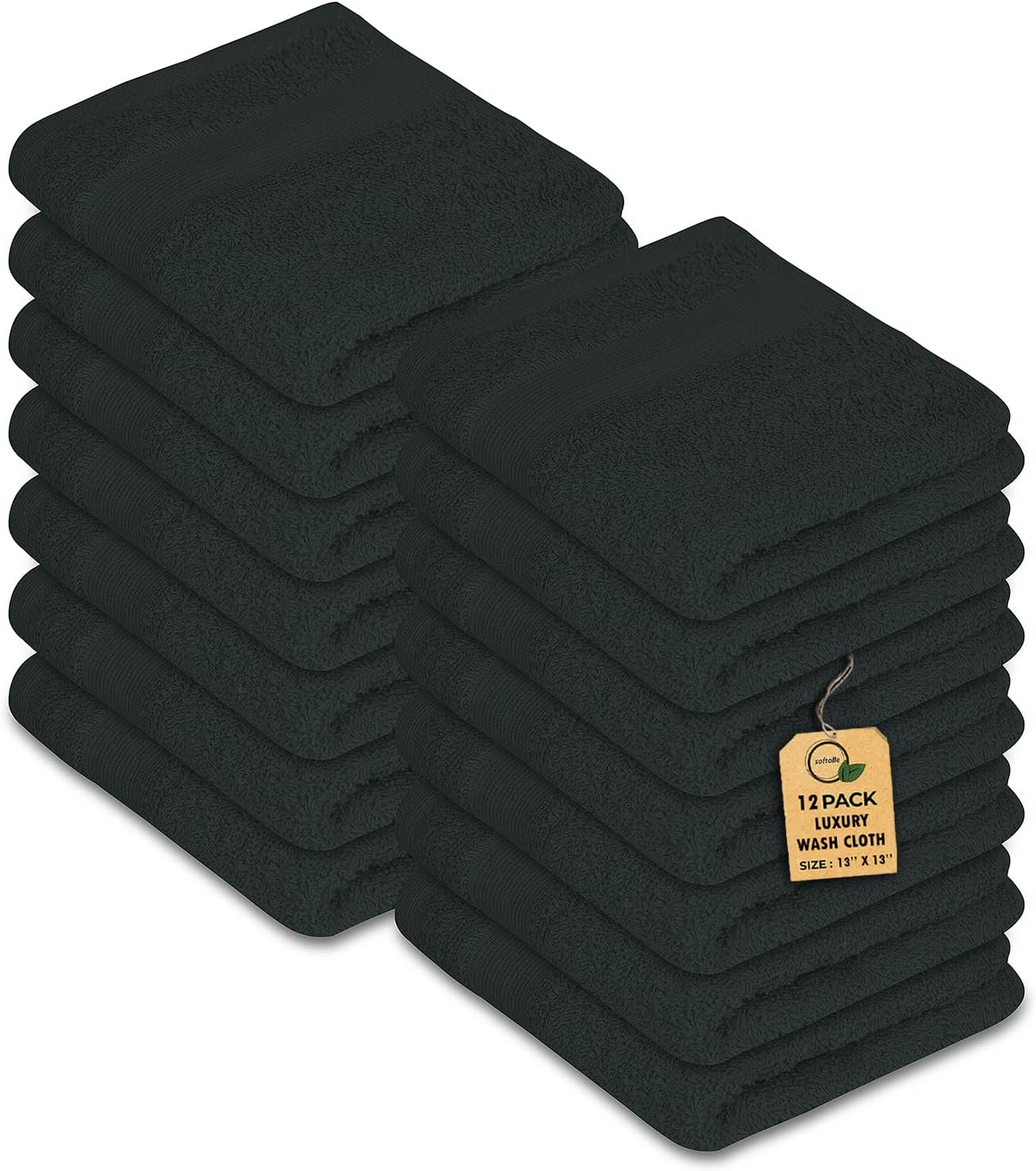 Premium Wash Cloths Pack of 12 (13" x 13") 100% Ring Spun Cotton | Luxury Washcloths | Ultra Soft Face Towels | Highly Absorbent Wash Cloths for face (Black)