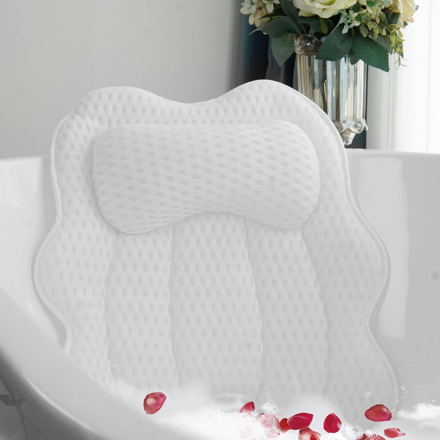 Bath Pillow for Tub, 4D Air Mesh Breathable Fabric, Soft Supportive Bathtub Cushion for Head Neck Back, Ergonomic Spa Pillow with Strong Suction Cups, Quick-Drying, Machine Washable (White)