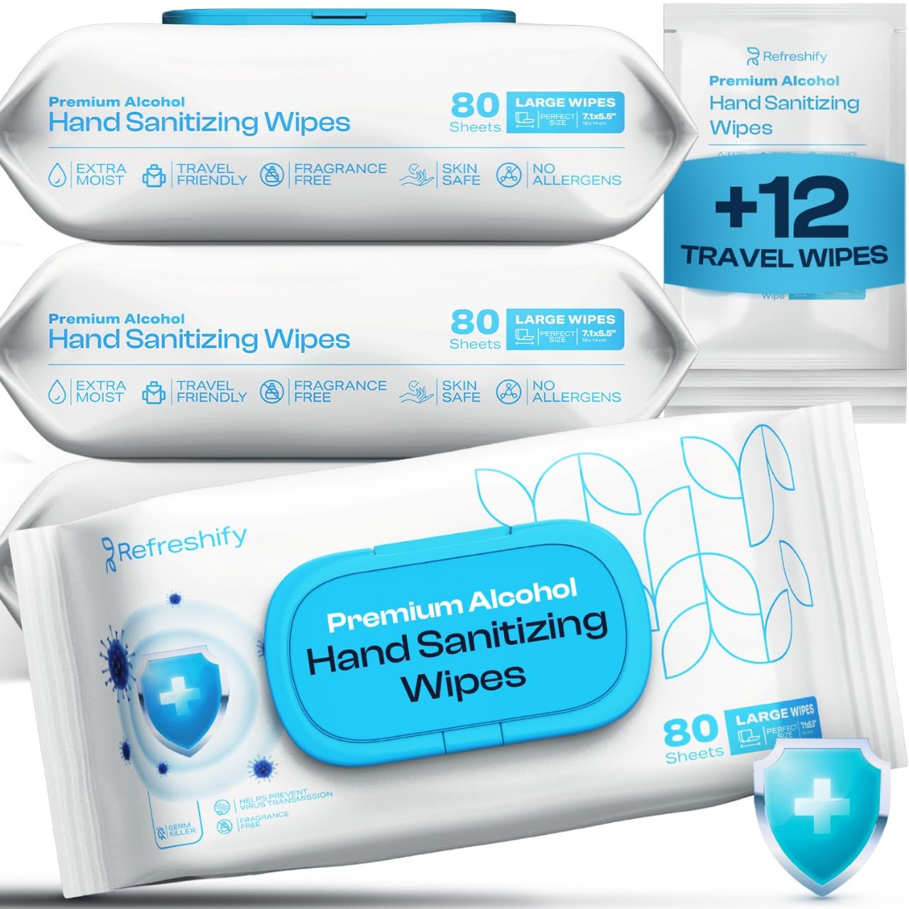 Large Alcohol Wipes 75% Unscented Hand Sanitizing Wipes (320 count +12 travel wipes) Alcohol Wipes for Travel Home and Classroom - Resealable Pack