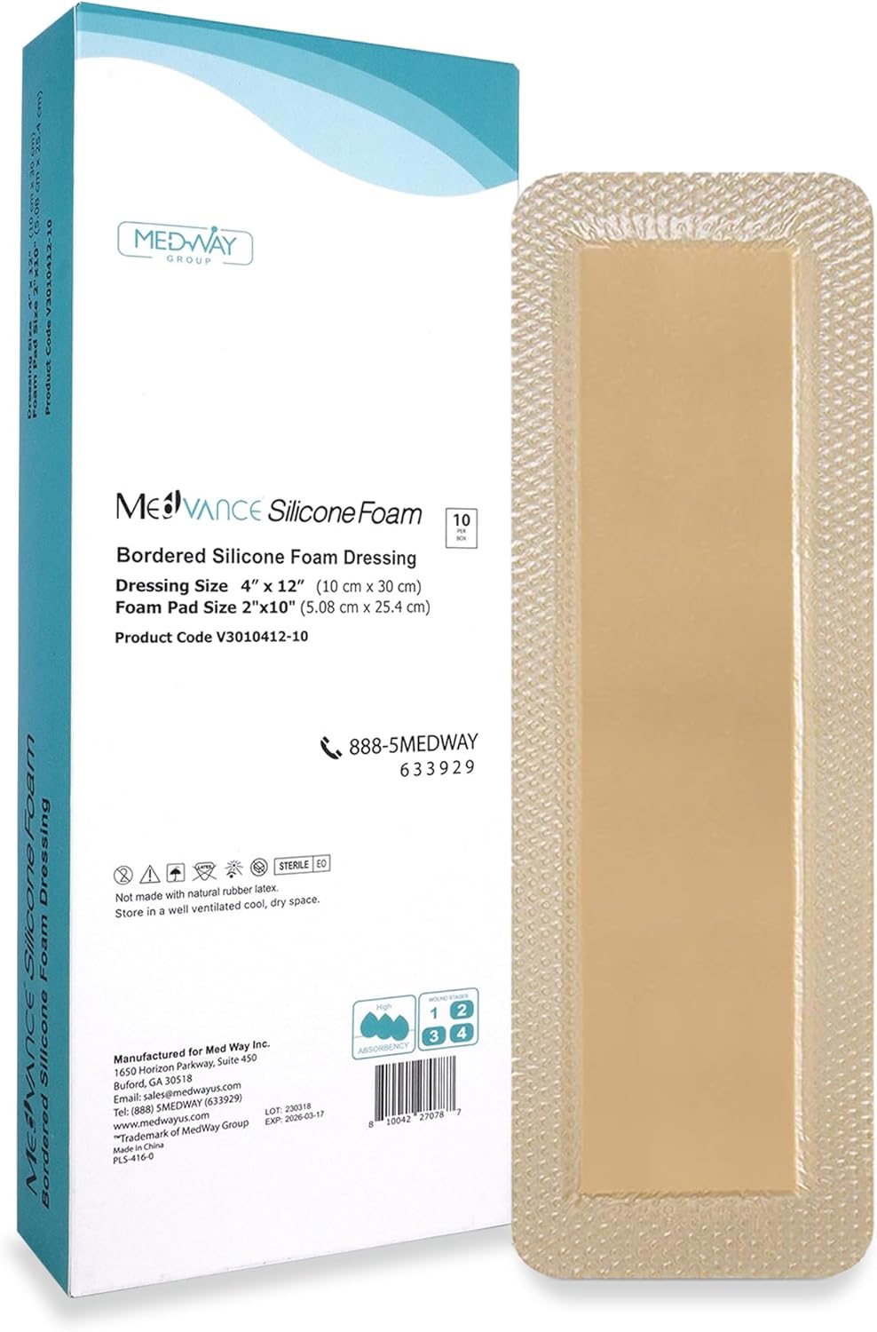 MedVanceTM Silicone - Bordered Silicone Adhesive Foam Dressing Size 4"x 12" (2.4"x10.4" Pad) 10 Pack