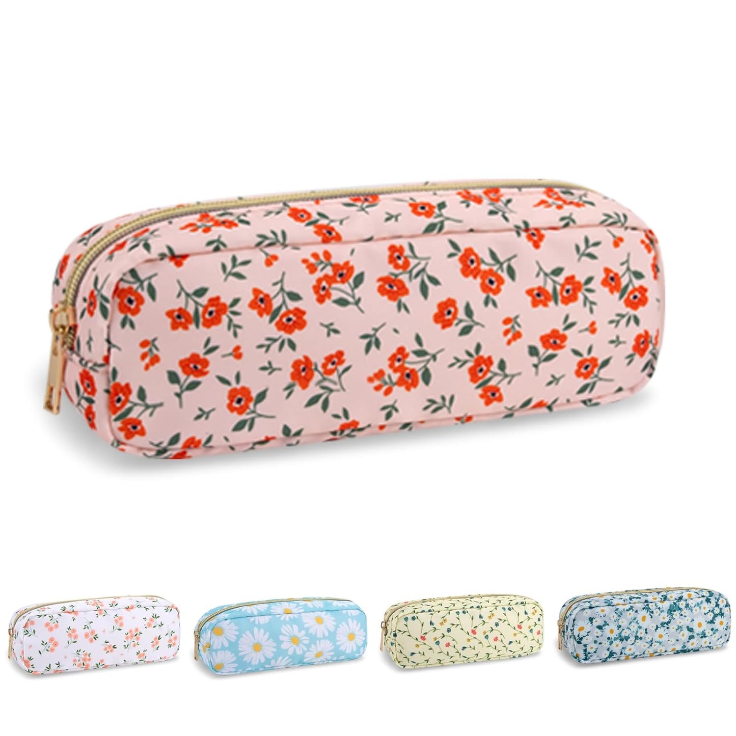 Waterproof Small Floral Pencil Case Makeup Bag for Purse,Cute Flower Pencil Pouch Preppy Nylon Makeup Brush Holder with Zipper,Girls Portable Storage Case Small Pen Bag for Work(Slim Pink-Flowers)