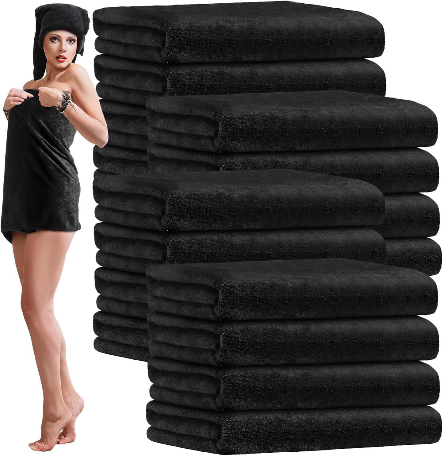 16 Pack Microfiber Bath Towels Bulk 27'' x 60'' Oversized Size Bath Towel Highly Absorbent Extra Large Soft Drying for Shower Beach Salon Winter Sport Spa Gym (Simple,Black)