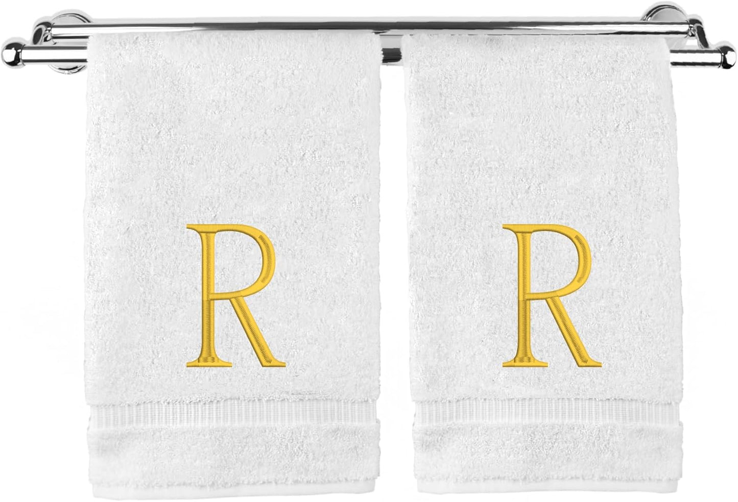 Monogrammed Hand Towel, Personalized Initial Gift, Extra Absorbent 100% Turkish Cotton - Soft Terry Finish - Set of 2 - Gold Block Initial R - Embroidered on White Towels