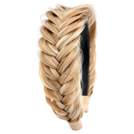 DIGUAN Wide Messy Braided Headband With Teeth Synthetic Hair Plaited Headband High Elasticity Braids Chunky Fishtail Braided Hair Band Hairpiece for Girls Women Beauty Accessory (Golden Blonde)