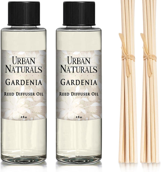 Urban Naturals Gardenia Scented Oil Reed Diffuser Refill | Includes a Free Set of Reed Sticks! Jasmine, Ylang Ylang, Tuberose & Amber Notes, 4 oz (2 Pack)