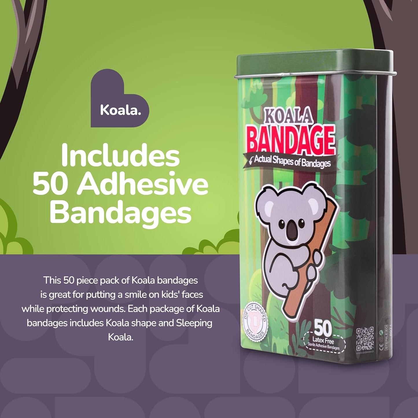 BioSwiss Kids Bandages, Koala Shaped Self Adhesive Bandage Set, Latex Free, Sterile Wound Care, 50 Count