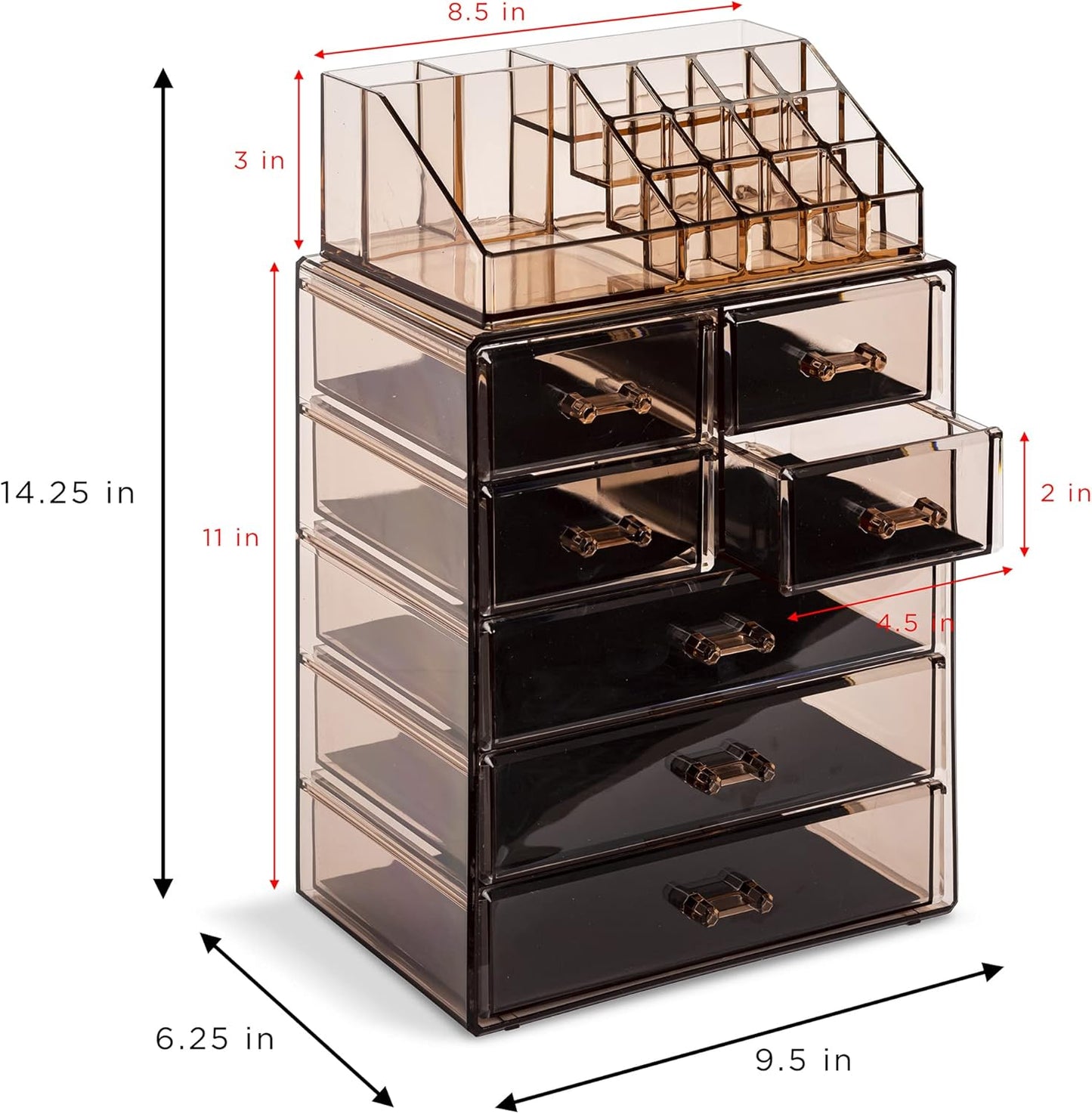 Sorbus Acrylic Makeup Organizer Set, 7-Drawer Vanity & Countertop Cosmetic Storage with Small & Wide Compartments, Bronze Glow Makeup Storage for Brushes, Jewelry – Holiday Gift for Women & Teens