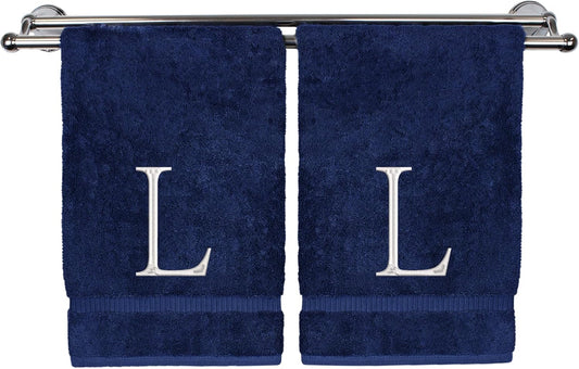 Monogrammed Hand Towel, Personalized Initial Gift, Extra Absorbent 100% Turkish Cotton - Soft Terry Finish - Set of 2 - White Block Initial L - Embroidered on Navy Blue Towels