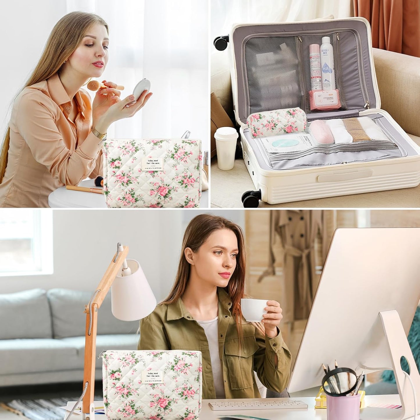 2Pcs Quilted Cotton Makeup Bag Large Travel Makeup Pouch Small Brush Holder Set for Women Floral Coquette Makeup Bag Cute Aesthetic Cosmetic Bag Blue Toiletry Organizer Storage Bag Big Zipper Pouch