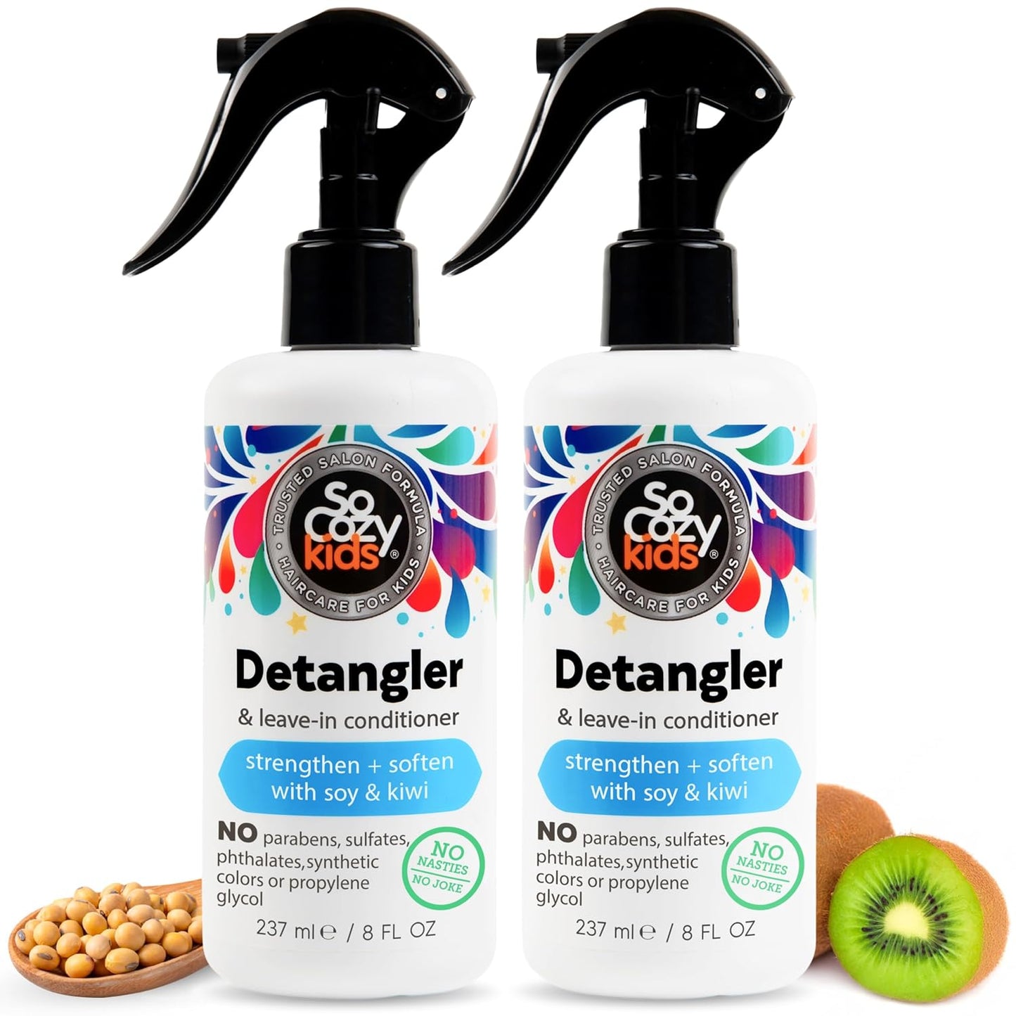 SoCozy 2-in-1 Detangler & Leave In Conditioner Spray (8 Fl Oz, Pack Of 2) - Hair Detangler & Conditioner for Kids with Keratin, Soy Protein & Kiwi Extract