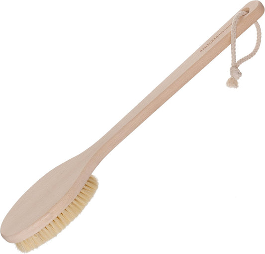 REDECKER Beechwood Bath and Shower Brush - Boar Bristle Back Brush Shower - 17-3/4 inch Handle for Hard-to-Reach Areas - Natural Pig Bristle Fibers Remove Dead Skin - Long Handled Bristle Shower Brush