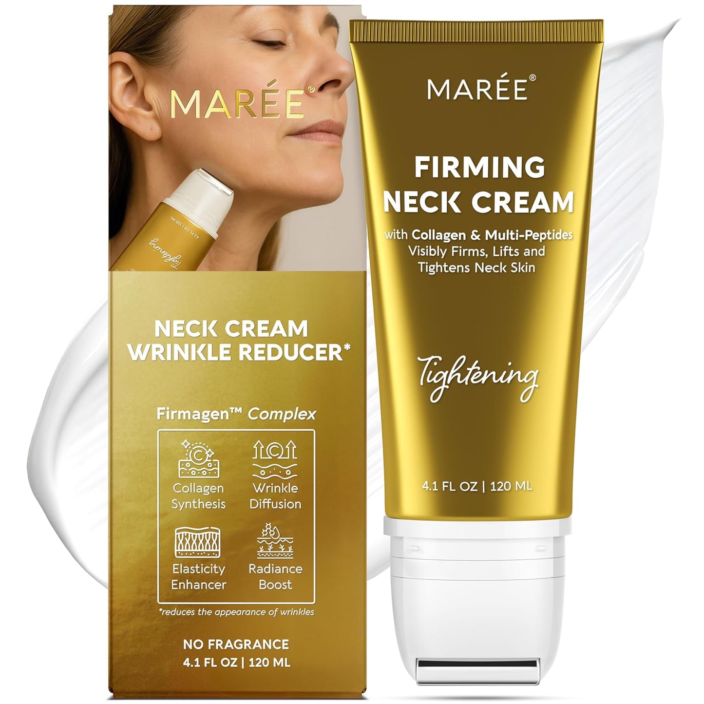 MAREE Neck Cream with Roller - Lifting Neck Creams For Tightening and Firming - 3D-Collagen & AH-8 Firming Neck Cream Roller - Face Décolleté Wrinkle Cream for Women - Crema Reafirmante Para el Cuello